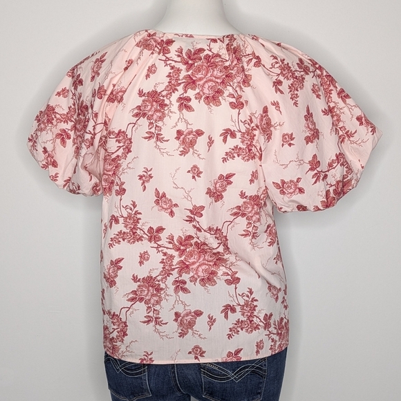 Banana Republic Pink Red Floral Rose Puff Sleeve V Neck Cotton Blouse S - Picture 5 of 8